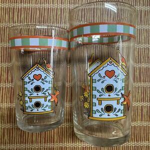 Vintage 1970 Libby Birdhouse Glasses Orange Green MCM Rare Set Of Two